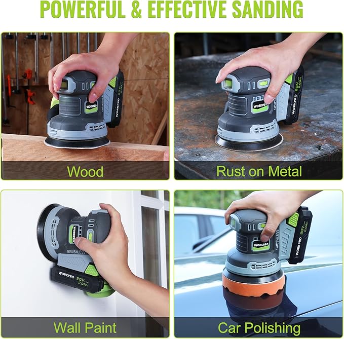 WORKPRO Cordless Random Orbital Sander Brushless 6 Variable Speeds 6000 to 12000 OPM, 20V 5in Electric Orbit Sander for Woodworking with Battery, Charger, Dust Collector, Tool Bag,15 Pcs Sanding Discs