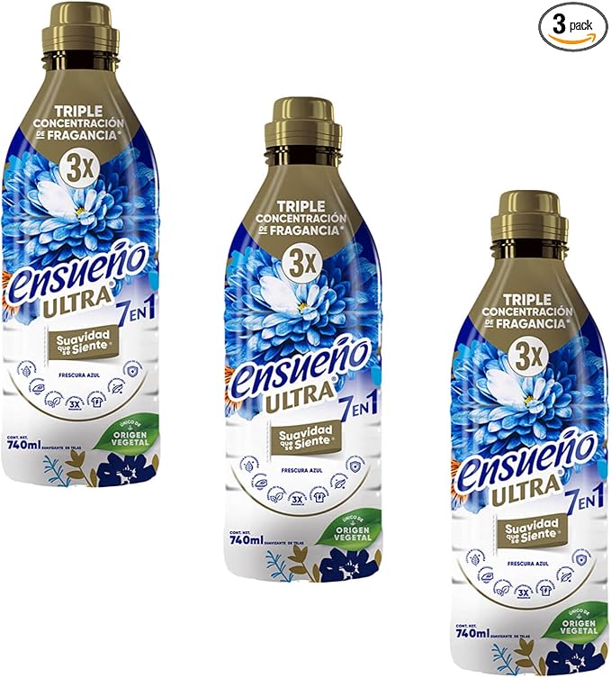 ENSUEÑO Ultra 7-in-1 Fabric Softener, Frescura Azul, Triple Fragrance Concentration, 740ml, 3 Pack