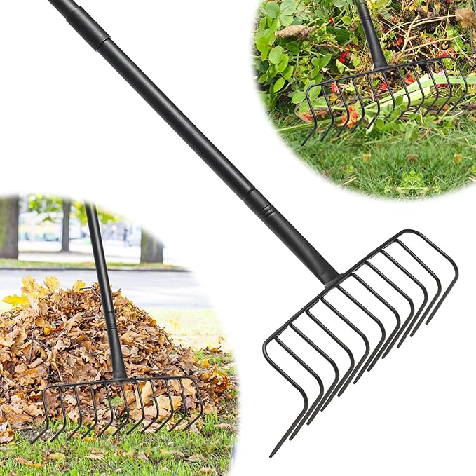 Garden Rake, Heavy Duty Rake with 11 Tines, 51 Inch Handle, 16 Inch Wide, Metal Garden Thatch Leaf Rakes for Raking Gathering Mulch,Metal Thatch Rakes for Lawn Yard Bushes Pine Needles Leaves Grass