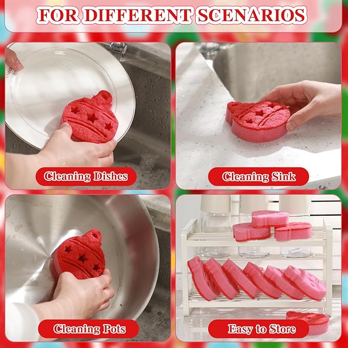 Tioncy 12 Pack Christmas Ball Kitchen Sponges Bulk Dual Sided Scrubber Sponges Dishwashing Kitchen Cleaning Accessories for Household Supplies