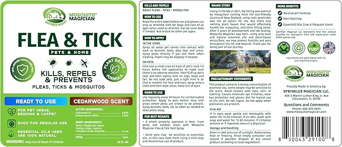 Mosquito Magician Indoor and Outdoor Spray - Use for Carpet, Furniture, Bedding, Couches & Pets – Plant-Sourced with Essential Oil – Cedarwood, 32 OZ
