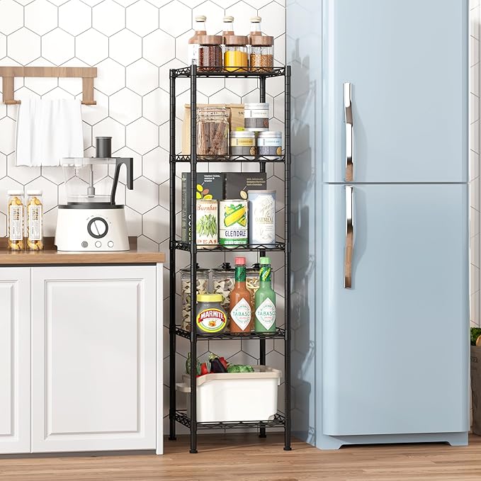 HOMEFORT Storage Shelves, 5-Wire Shelving, Metal Shelving Unit Adjustable Storage Shelves Rack for Kitchen, Pantry, Bathroom, Black, 11.6" W x 11.6" D x 46" H
