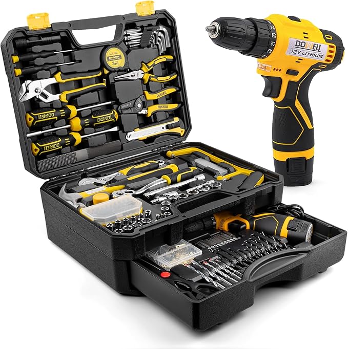 DOWELL 223-Piece Power Drill Tool Set, 12V Cordless Drill Driver Kit with Drawer Toolbox, Socket & Bit Set, Hex Keys, Wrench for Home Renovation, DIY Projects & Garage Use