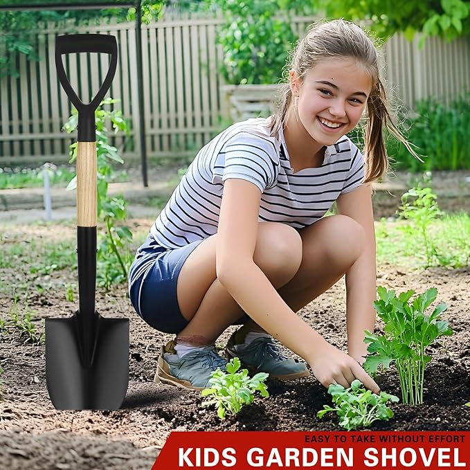 28-Inch Mini Garden Shovel with D-Grip Handle, Kids Small Shovel, Alloy Steel Head & Wooden Shaft for Car Emergency, Beach, Planting & Light Snow Duty