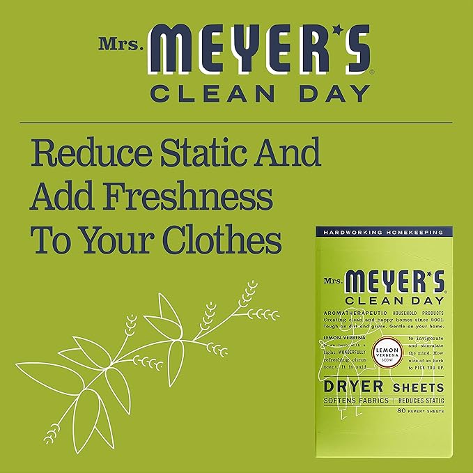 Mrs. Meyer's Dryer Sheets, Fabric Softener, Reduces Static, Infused with Essential Oils, Lemon Verbena, 80 Count