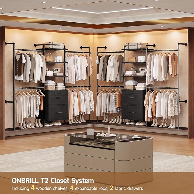 ONBRILL T2 Wall Mounted Industrial Pipe Clothing Rack, Closet Organizers and Storage System with 2 Drawers, 6 Wooden Shelves & 4 Expandable Rods, Heavy Duty Garment Rack, Wardrobe (Black))