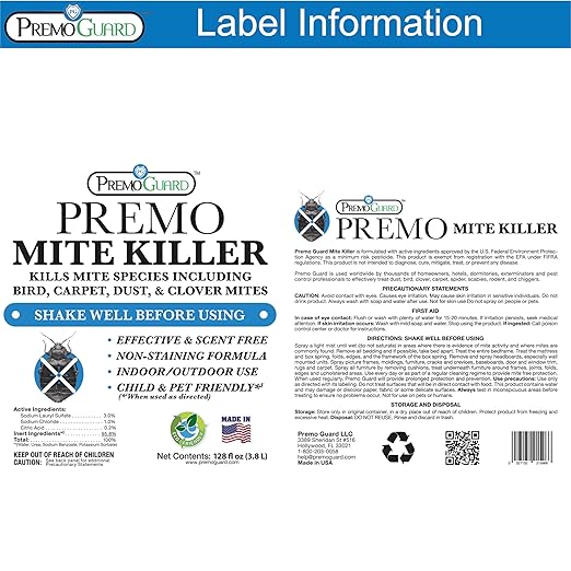 Premo Guard Natural Mite Spray – Large 128 oz Bottle – Plant Based Treatment for Dust, Spider, Carpet, Bird, Rat Mites – Safe for Families, Pet, Home, Bedding & Furniture When Used As Directed