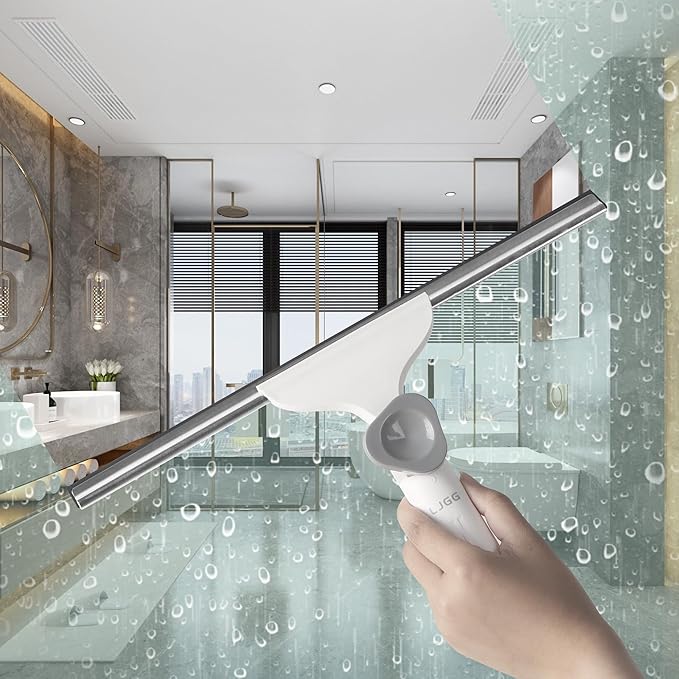 Window Cleaning Squeegee Kit, 14" Silicone Blade and Microfiber Scrubber with 54" Aluminum Handle, 2-in-1 Rotating Window Cleaner for Glass Doors, Shower, Mirrors and Home Windows – LJGG (Gray/White)