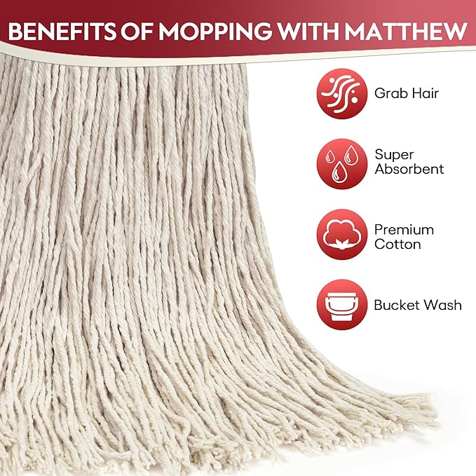 Matthew Cleaning 24oz 3Pack Cotton Floor Mop,Cotton Looped-Open String Heavy Duty String Refills, Universal Headband Blend Material,Mop Head Replacement for Home, Industrial and Commercial Use(White)