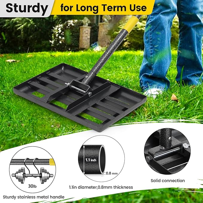 Lawn Leveling Rake, Heavy Duty 17"x10" Curved Ground Plate, 72" Long Handle Lawn Leveler Tool Landscape Rake for Compost Soil Dirt Sand Grass Peat Moss