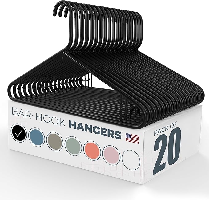 Neaties Plastic Hangers 20 Pack – Made in The USA – 6lb Capacity Standard Clothes Hangers with Strap Hooks for Dresses, Lingerie, Shirts, Pants, and Jackets – Black