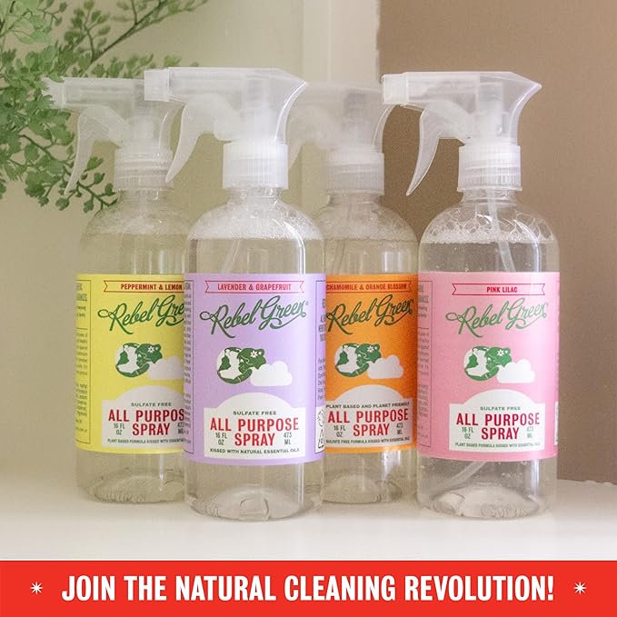 Rebel Green Natural All-Purpose Cleaning Spray - Plant-Based Multi-Surface Cleaner with Essential Oils for Kitchen, Bath, Countertops and More - Pink Lilac Scent - 16 oz - 2 Pack