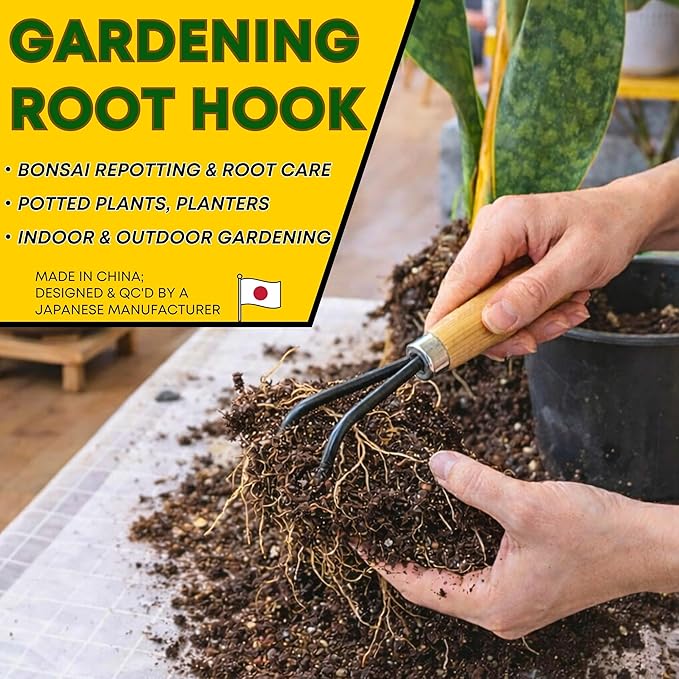 Garden Helper Double Claw Root Hook for Plants - Bonsai Repotting Tool - Heavy Duty Hardened Steel Blade with Ergonomic Wood Handle