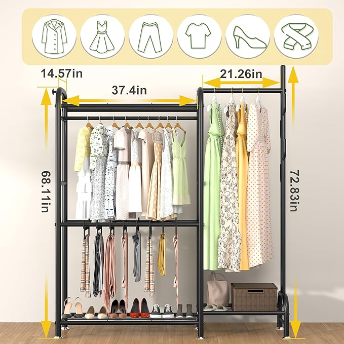 GAIOUS Black Metal Garment Rack for Hanging Clothes, Versatile Portable Clothes Rack with Hang Rods & Shelves & Pants Racks, FreeStanding Closet Wardrobe Organizer for Cloakroom, Bedroom
