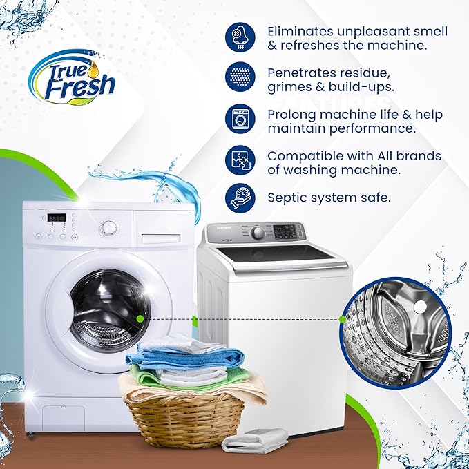 True Fresh Washing Machine Cleaner Descaler 15 Pack Tablets, Deep Cleaning Deodorizer for HE Front & Top Load Washers, Eliminates Odor Buildup Residue Grime, Cleans Drum Pump Valve Hoses Septic Safe
