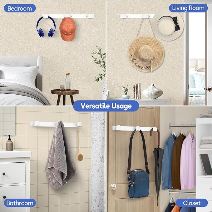 KIMBORA 4 Packs Hat Rack for Wall, Hat Organizer for Baseball Caps Holds 36 pcs, 3 Mounting Options Cap Hook Hanger, Strong Snapback Holder Storage Display for Door, Room, Closet (White)