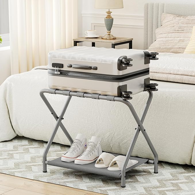 HOOBRO Luggage Rack, Pack of 2, Folding Suitcase Stand with Fabric Storage Shelf for Guest Room, Bedroom, Hotel, Holds up to 100 lb, 27 x 15.3 x 22 Inches, Space Saving, Gray GY04XLP201
