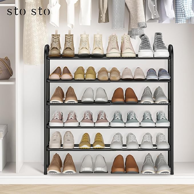 STO STO Expandable Shoe Rack, 5-Tier Metal Shoe Rack for Closet, Up to 24 Pairs Adjustable Shoe Rack Storage for Front Door Entrance, Free Standing Shoe Rack Organizer for Entryway, Black