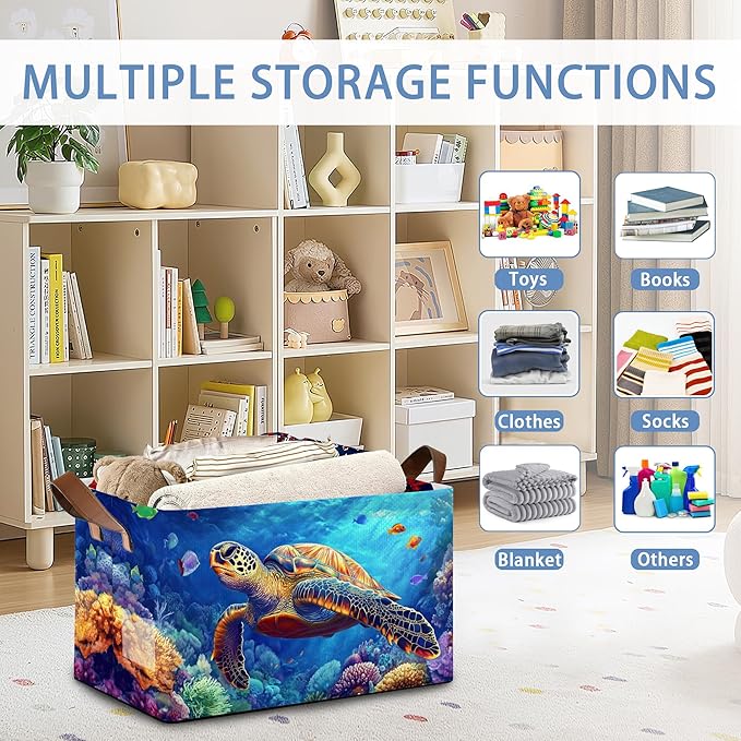 SeaTurtle Storage Basket with Handles,Ocean Coral Collapsible Rectangle Organizer Bin for Room Decoration Books Box Baskets 17x11.5x10Inch