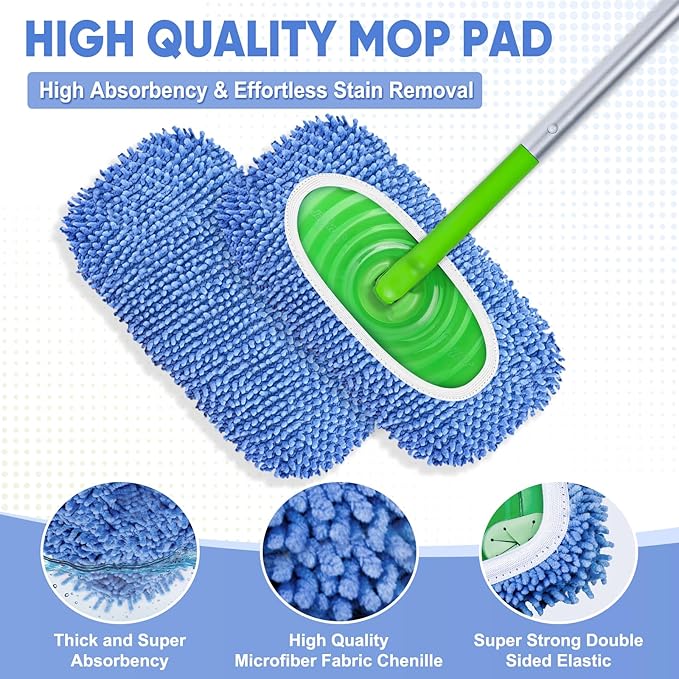 6 Pack Reusable Mop Pads Compatible with Swiffer Sweeper, Chenille Mop Refill Pads, Dry & Wet Mopping Cloths for Floor Cleaning -Blue