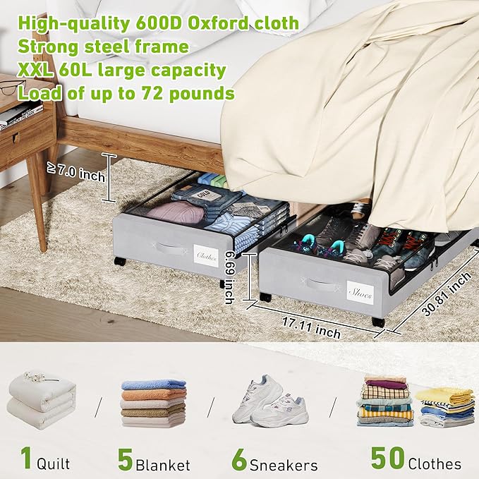 YAASHEEN Under Bed Storage with Wheels, 2-Pack Under the Bed Storage Containers with Clear Lids & Label, Underbed Storage Bins, XXL 60L Rolling Metal Drawer for Clothes, Shoes, Toys, Books - Gray