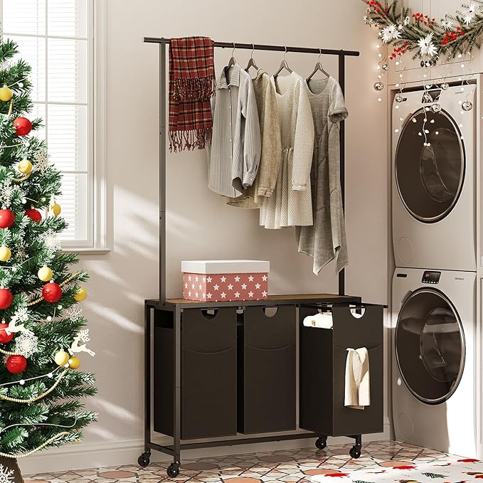 YATINEY Laundry Sorter 3 Section, Rolling Laundry Hamper with Hanging Rack, Laundry Sorter with Wheels, Hampers for Laundry, Laundry Basket Organizer for Laundry Room, Rustic Brown LS37BR