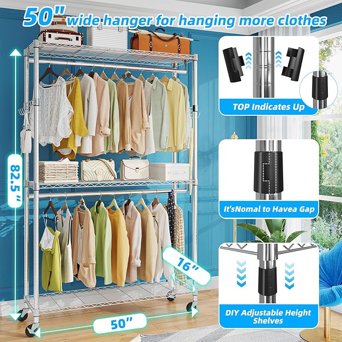 Simple Trending Clothing Garment Rack with 3 Tiers Storage Shelves, Heavy Duty Rolling Clothes Organizer Double Rods with Wheels for Hanging Clothes, Chrome