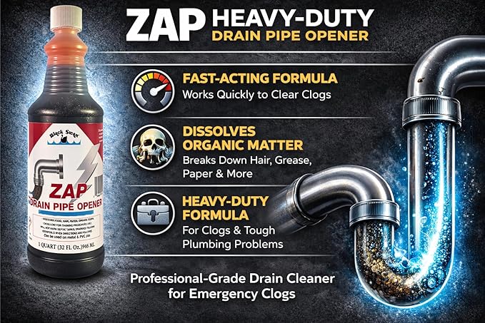Black Swan 09020 ZAP Drain Pipe Opener, 32 Ounces, Heavy-Duty Formula Clears Clogged Drains & Waste Lines, Thaws Frozen Lines, Disintegrates Organic Matter, Safe for Septic Tanks