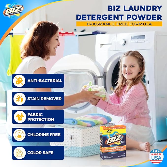Biz Laundry Detergent Powder, Stain and Odor Eliminator for Tough Stains Like Grass Sweat and Chocolate, Powder Laundry Detergent with 4 Stain Fighters, Color Safe, Unscented, 2 Pack, 75 Oz Total