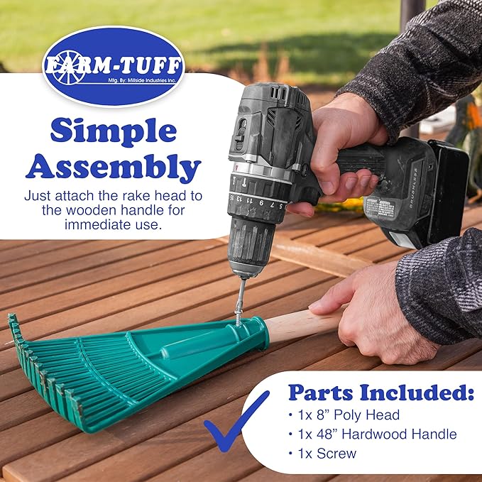 FARM-TUFF 8 Inch Garden Rake with 48 Inch Hardwood Handle - Durable & Compact Garden Rake for Shrubs, Flower Beds, and Tight Spaces