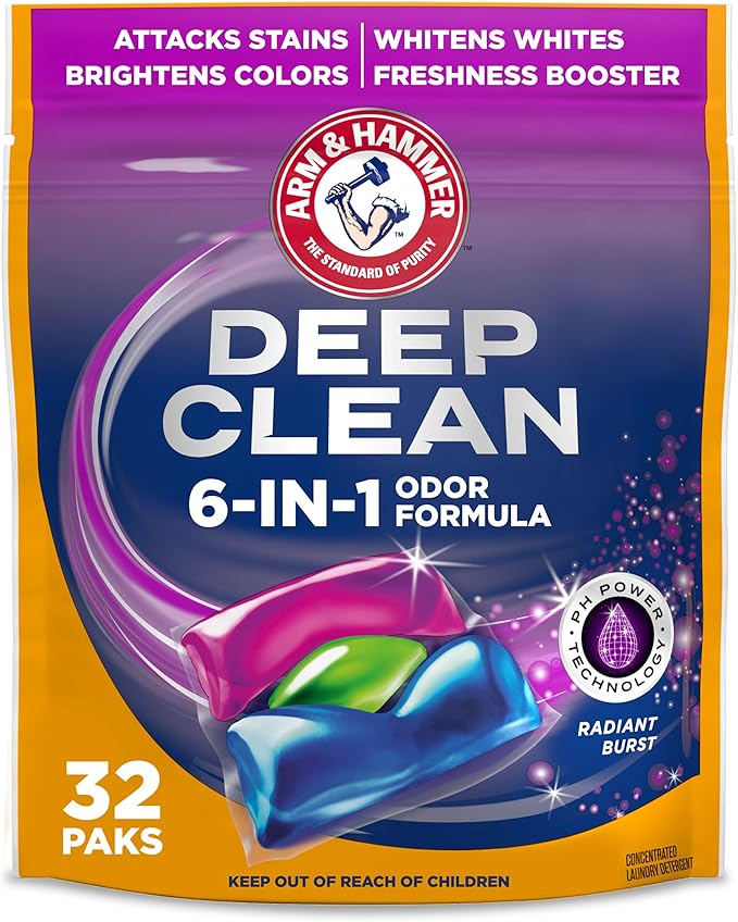 ARM & HAMMER Deep Clean Odor Formula Laundry Detergent Power Paks, Radiant Burst Scent, 32 Count, 32 Loads