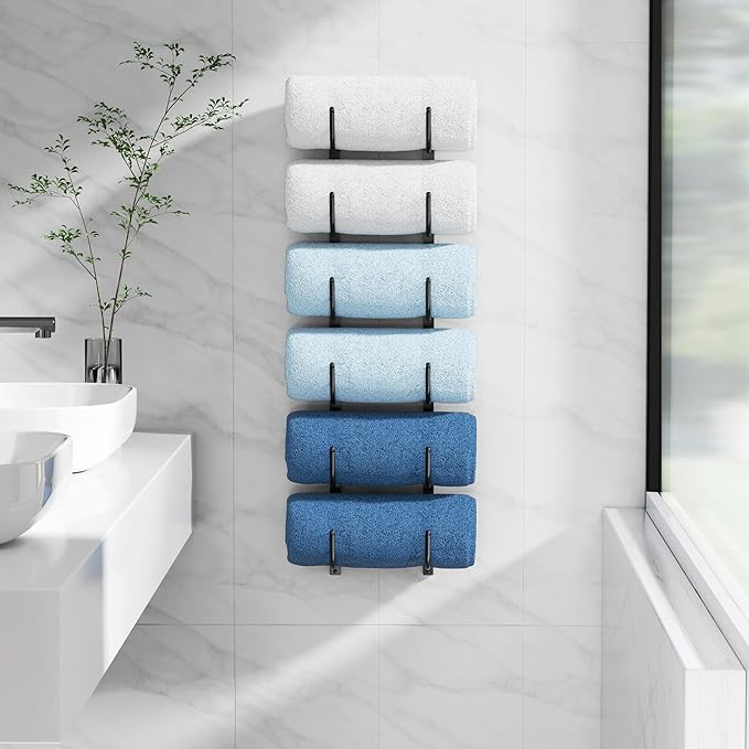 Bathroom Rolled Towel Rack: 6-Tier Wall Mounted Towel Storage Holder, Hanging Organizer for Towels, Blankets, Large Bath Sheets, Space Saving in RV, Closet, Toilet, Cabinet, Black