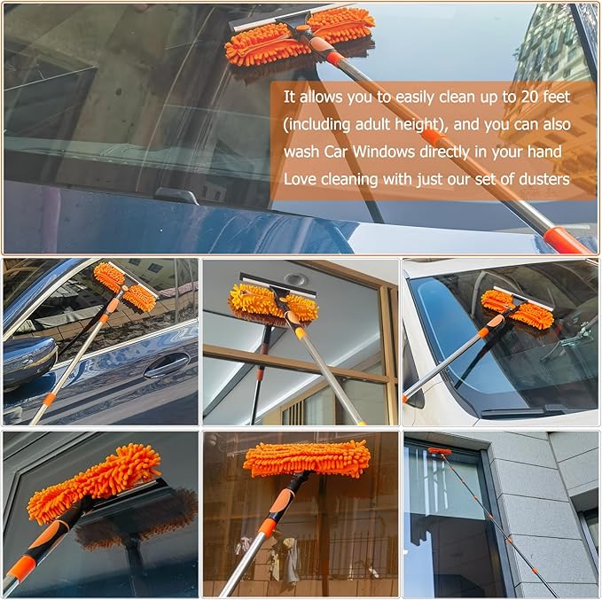 20+ Feet High Reach Dusting Kit with 3-14 ft Extension Pole //2 in 1 Window Cleaning Kit // High Ceiling Duster // Cobweb Microfiber Duster // Outdoor & Indoor Extendable Duster Cleaning Kit