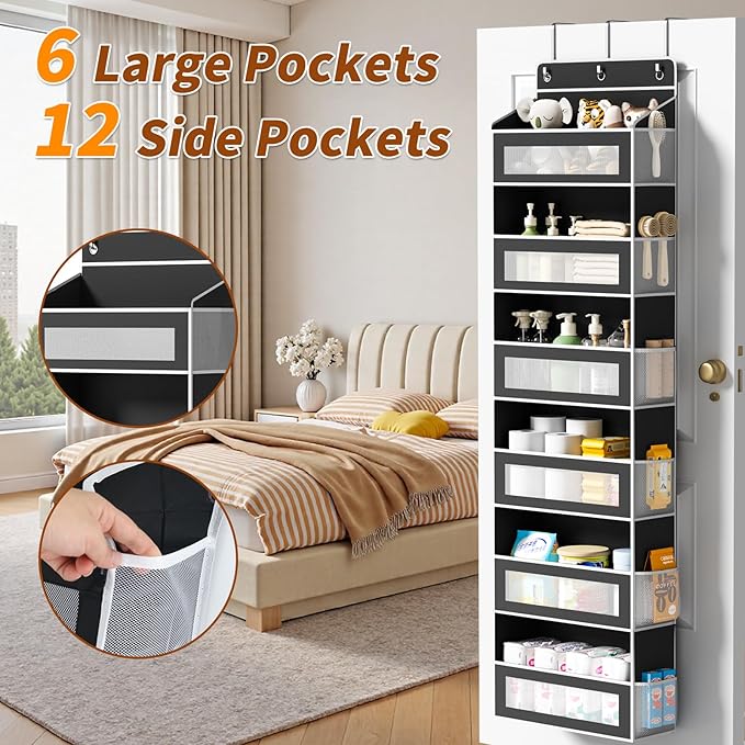Over The Door Organizer with 6 Large Pockets, Over the Door Storage 12 Side Pockets, Hanging Door Organzier 44 lb Load Behind Door Storage Hanging Shelf for Closet Wall Bathroom Nursery, 6-Tier Black