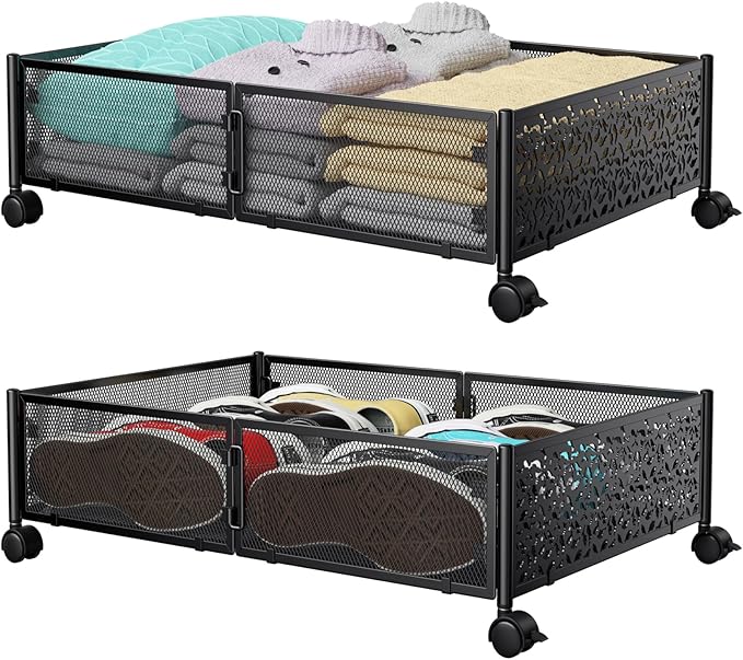 PHINOX Under Bed Storage Containers with Wheels, Under Bed Shoe Storage Organizer Drawer, Tool-free Assembly Metal Storage Containers for Bedroom Clothes Shoes Blankets -2PCK