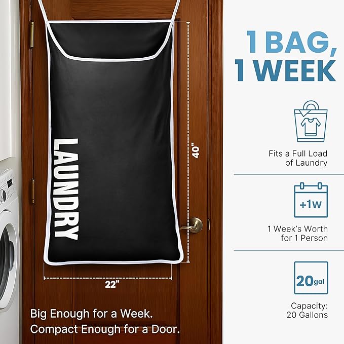 Hanging Laundry Hamper Bag XL 40x22", Space Saving over the Door Storage Bags, Behind the Door Hampers for Dirty Clothes & Wall Mounted Basket for Bathroom, Organizer for Small Room Spaces RV