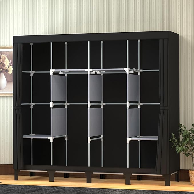 Non-Woven Wardrobe, No Tools Required, Large Capacity, Easy Assembly, Movable, Storage Rack, Waterproof, Dustproof, Stain Resistant, Black, 67.7 x 172 cm (Black, X-Large)