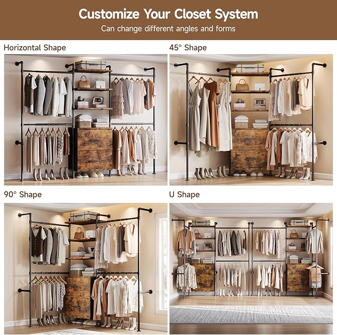 ONBRILL T2 Wall Mounted Industrial Pipe Clothing Rack, Closet Organizers and Storage System with 2 Drawers, 6 Wooden Shelves & 4 Expandable Rods, Heavy Duty Garment Rack, Wardrobe (Rustic Brown)