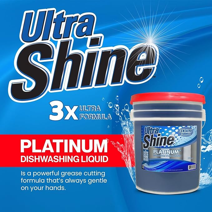 Ultra Shine 3X Platinum Bulk Dishwashing Liquid, Powerful Grease Remover, 5-Gallon - Concentrated Dish Cleaner Soap for Commercial Kitchens, Restaurants & Home Cleaning, Gentle on Hands & Skin