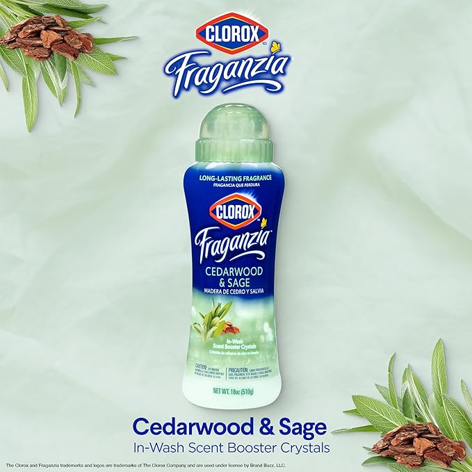 Clorox Fraganzia Laundry Scent Booster Crystals, In-Wash Fragrance Beads for Fresh-Smelling Clothes & Linens, Safe for All Fabrics & Colors, Cedarwood & Sage, 18 Oz, 2 Pack