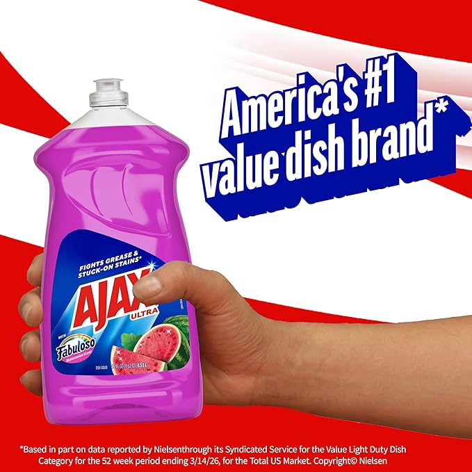 Ajax Ultra Liquid Dish Soap with Fabuloso Watermelon Scent, Fights Grease and Stuck-On Stains, Deep Cleaning Action, Mess-Free, Easy-Flip Cap, 52 fl oz Bottle