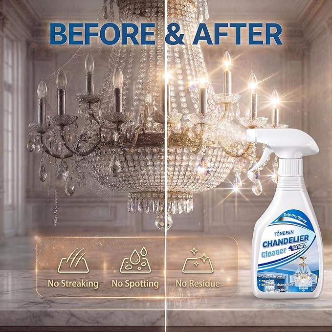 Chandelier Cleaner Drip Dry Spray No Wipe - No Wipe Streak Free Dust Remover for Crystals, Glass & Window Screens, 1PK