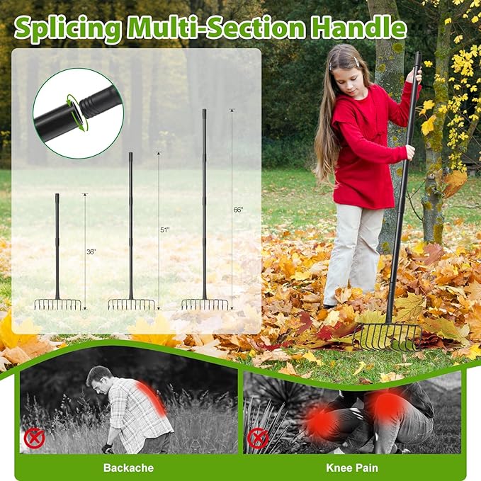 Garden Rake, Heavy Duty Rake with 11 Tines, 51 Inch Handle, 16 Inch Wide, Metal Garden Thatch Leaf Rakes for Raking Gathering Mulch,Metal Thatch Rakes for Lawn Yard Bushes Pine Needles Leaves Grass