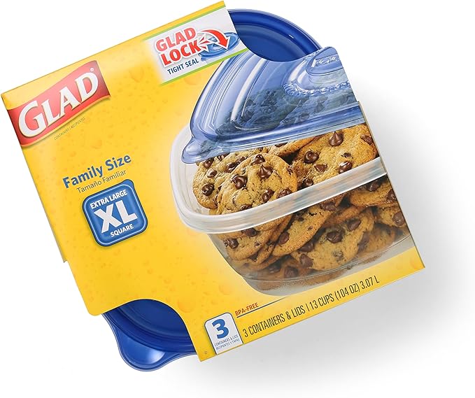Glad GladWare XL Square Food Storage Containers with Lock Tight Lids, Family Size BPA Free Plastic Containers for Leftovers and Meal Prep, Reusable Dishwasher Safe, 104 Oz, 3 Count - 3 Pack