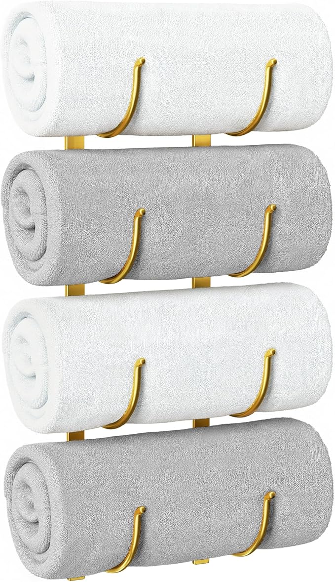Rolled Towel Rack for Bathroom– 4-Tier Rolled Towel Storage Holder,Metal Organizer for Towels & Large Bath Sheets, Space Saving Rack for Small Bathroom, RV, Camper, Closet, Gold Metal