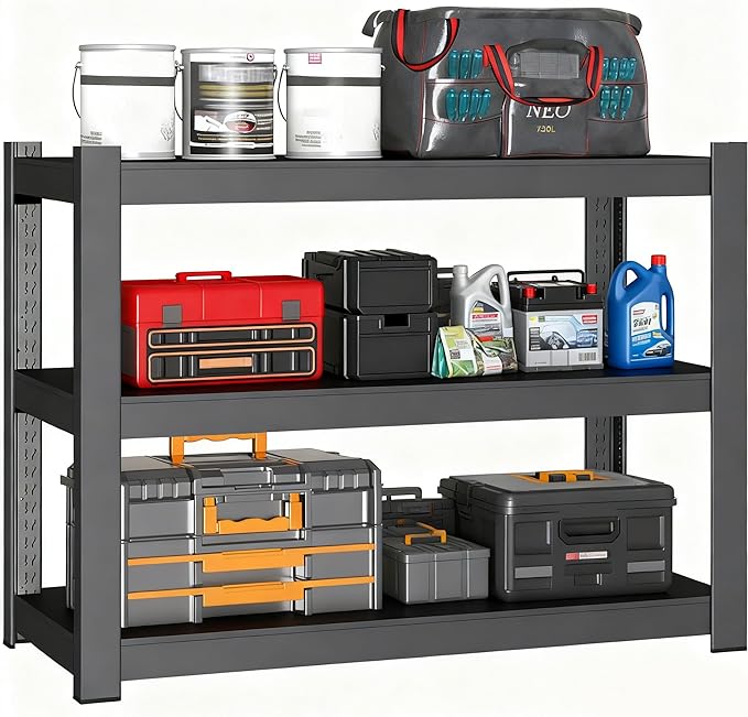 3-Tier Metal Storage Shelving Unit Black 16" D x 36" W x 36" H, Adjustable, 1800 lbs Capacity, Heavy Duty, Storage Organizer, for Garage, Home, Bathroom, Laundry, Storage Rack