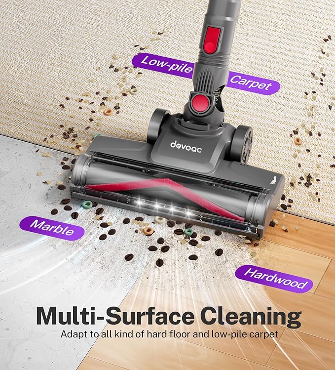 DEVOAC Cordless Vacuum Cleaner, Ultra-Lightweight Stick Vacuum, 2200mAh Battery Up to 40mins Runtime, 6 in 1 Powerful Handheld Vacuum for Home Hard Floor Carpet Pet Hair (Purple)