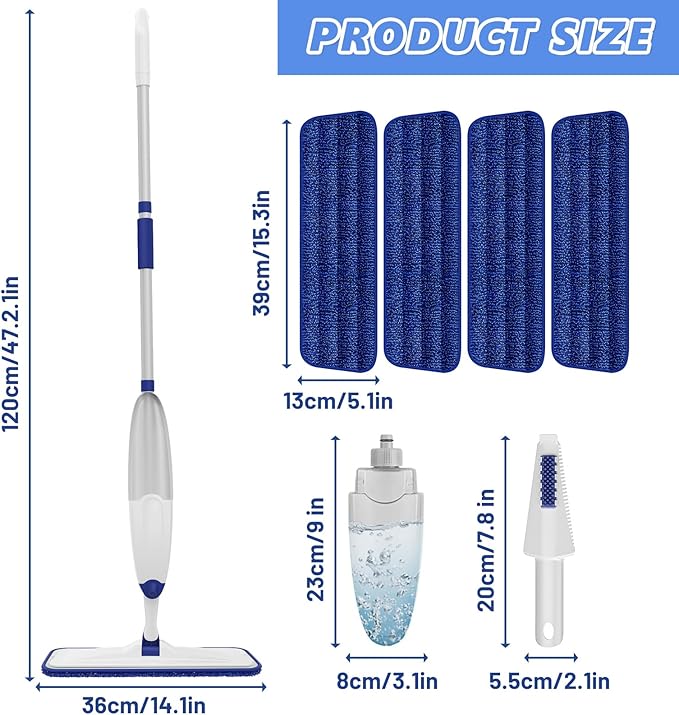 HOMTOYOU Microfiber Flat Mop with Sprayer: Spray Mop with 4 Washable Pads for Cleaning Multi-Surface Floors - 1Pcs 400+ML Refillable Bottle