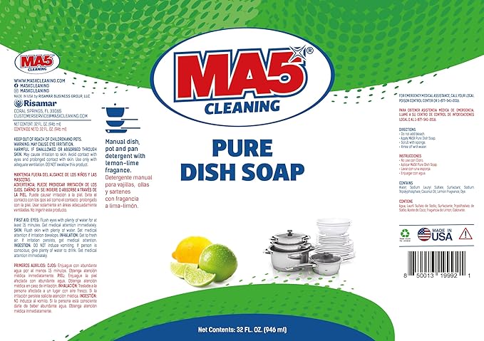 MA5X CLEANING Pure Liquid Dish Soap, 32oz | Pack of 2