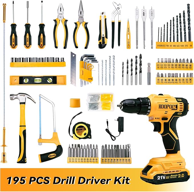Tool Kit Box Drill Set with 21V Cordless Drill, Tool Box with Drill, Hand Drill Set for Men, Power Tool Combo for Home Repair, DIY, Handyman